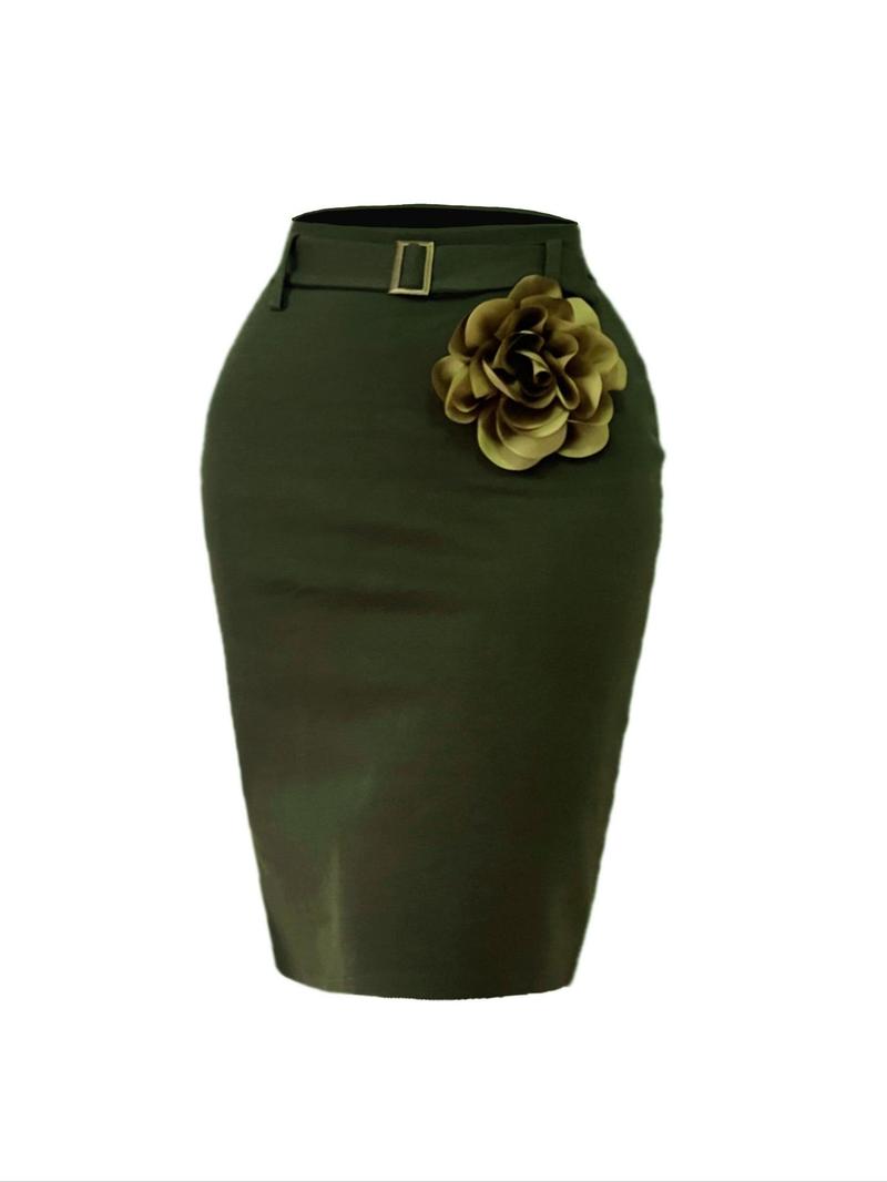 Product Introduction of Women's Appliques Belted Split Back Bodycon Skirt, Elegant Solid Color Knee Length Pencil Skirt for Party Holiday Wedding Guest, Ladies Bottoms for All Seasons 1