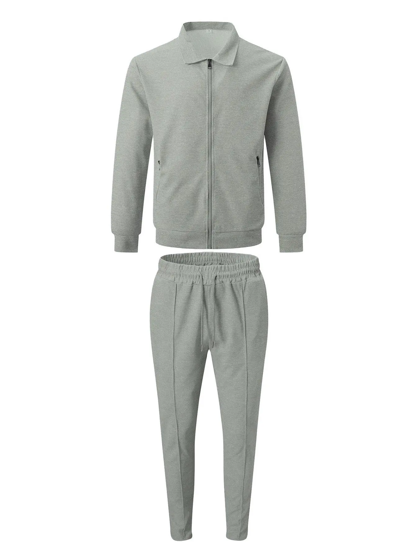 Men's Solid Waffle Zip Up Jacket & Top-stitching Drawstring Waist Sweatpants Set, Regular Fit Casual Long Sleeve Collared Outerwear & Pocket Pants for Daily Wear, Men's Outfits for All Seasons