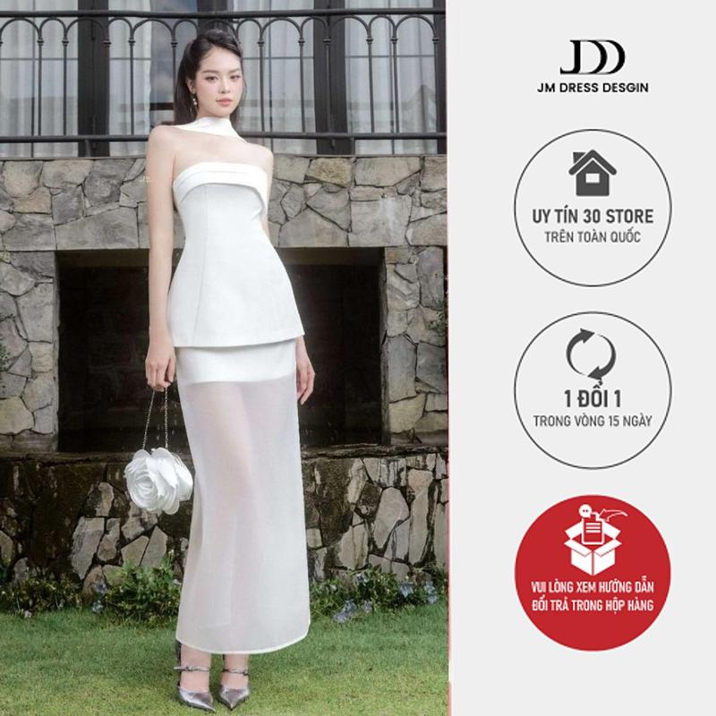  Set đồ Áo quây phối khăn cổ 2T21.2505K chân váy dài tơ xuyên thấu 4L04.2505K Set đồ phối layer thanh lịch hiện đại JM Dress Design 