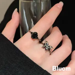 [Bluom] Cincin Kupu-kupu Batu Hitam Zirkon Desain Klasik Tua Gliter Buka Mudah Q200