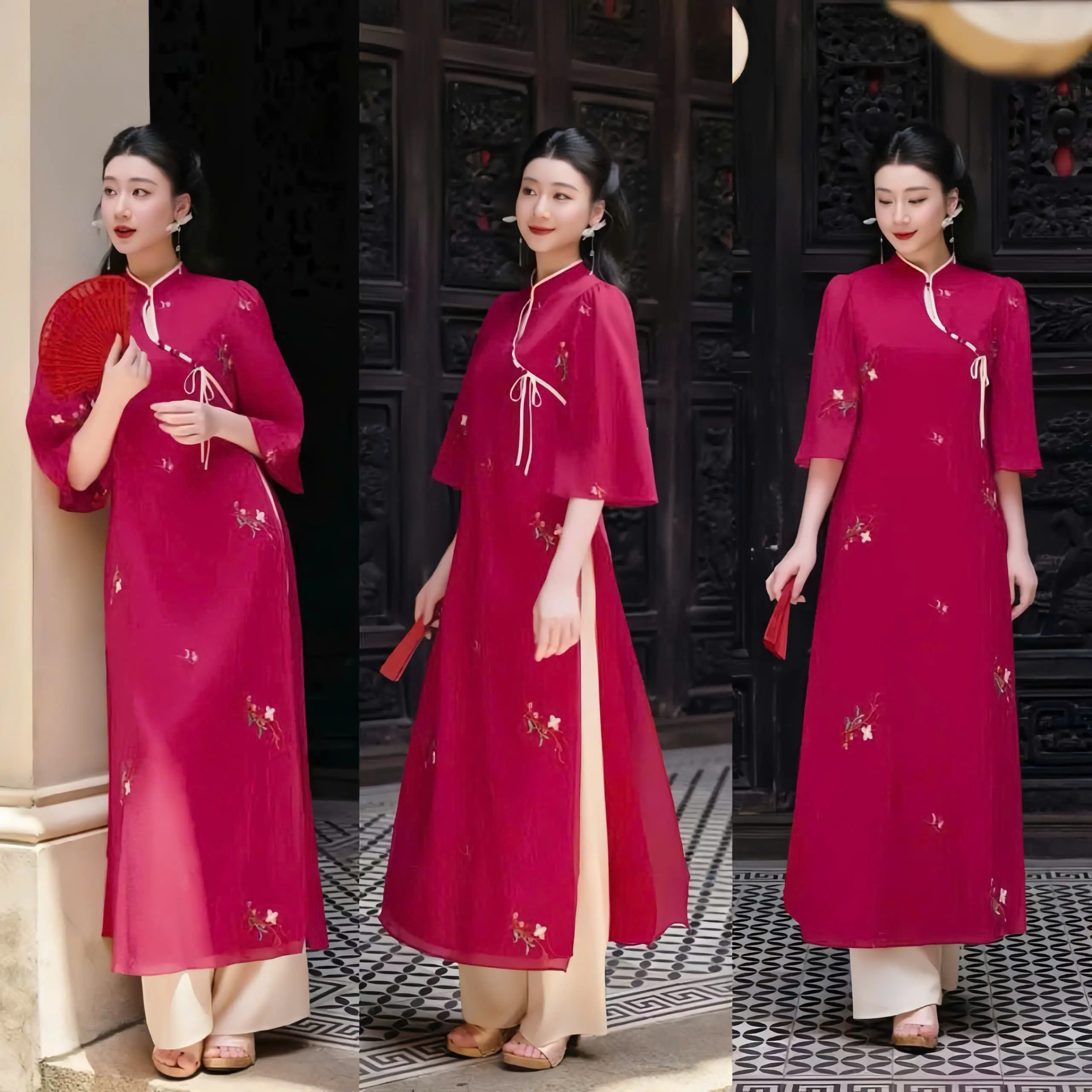 Áo dài cách tân T2 (kèm quần lụa dài 103cm) tơ thêu cổ viền thắt nơ đính nút bọc tay lỡ áo dài Tết 2025 duyên dáng - Akara Closet Dress Women Kem Màu Hồng