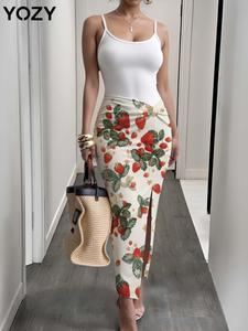 YOZY Two-piece Set Women's Ribbed Cami Bodysuit & Strawberry Print Skirt, Casual Fashion Cozy Set for Daily Outdoor Wear, Ladies Clothes for All Seasons