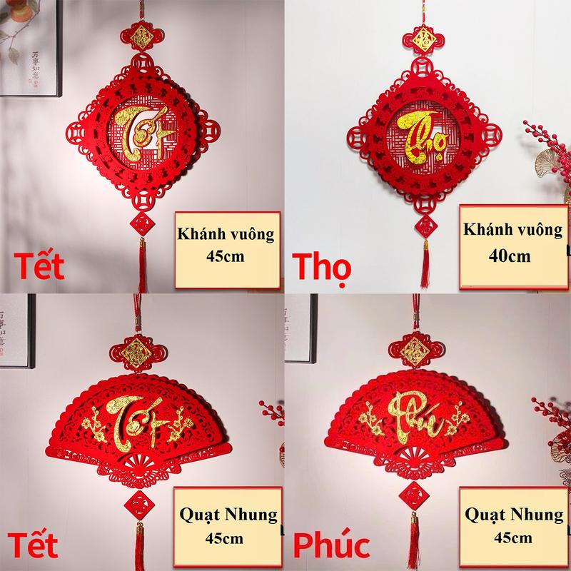 Khánh quạt,Khánh vuông - Liễn nhung đỏ - Dây treo cửa hình QUẠT có chữ TẾT - PHÚC -LỘC - THỌ