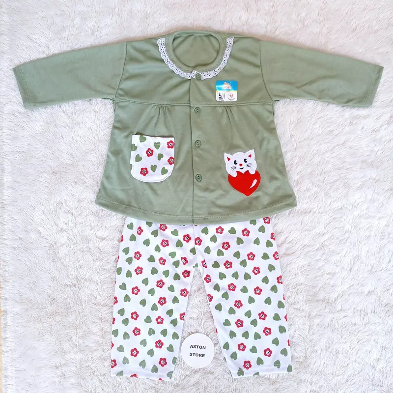 Setelan Baju Tidur Piyama Bayi Perempuan Lengan Panjang Kancing Depan Katun 6-12 Bulan Motif Lucu Cat Love 2