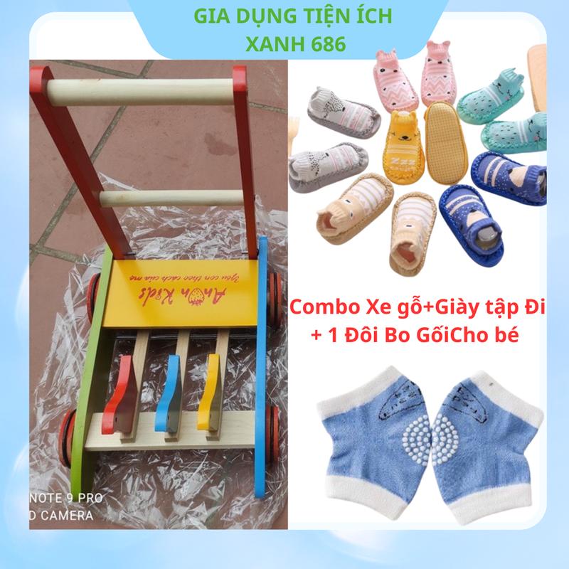 Xe Gỗ Tập Đi Hình Con Gà Đáng yêu Cho Bé +1 Đôi Giày Tập Đi Chống Trượt Có Tai Và 1 Đôi Tất Bo Gối