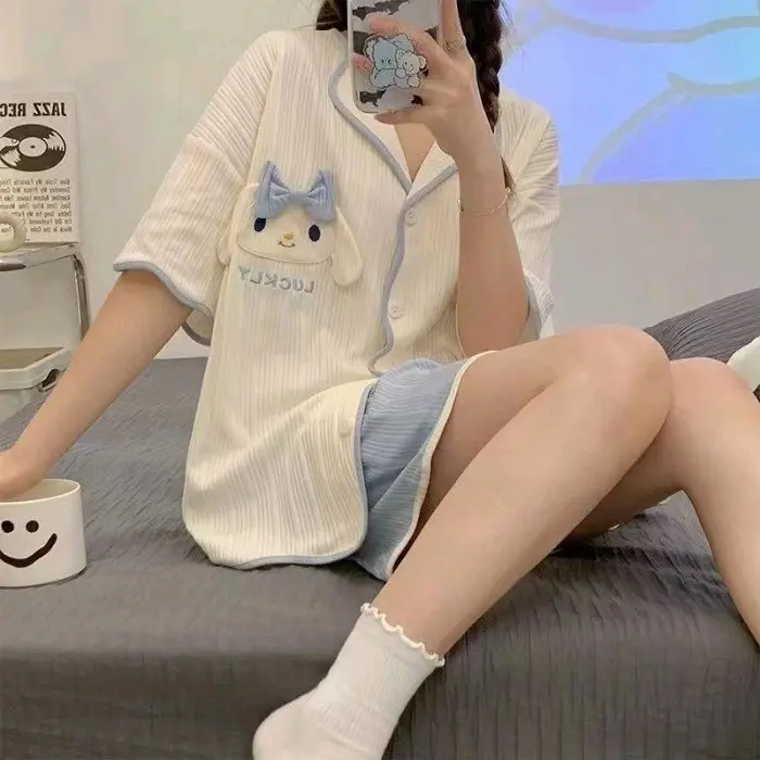 Sét Bộ Ngủ Hè Họa Tiết Cún Cổ Viền Xanh Đáng Yêu