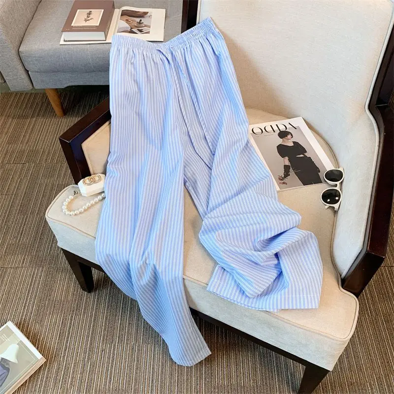 Blue Striped Wide-Leg Pants Niche Popular Casual Pants Summer Draping Thin Lazy and Loose Straight Mopping Pants