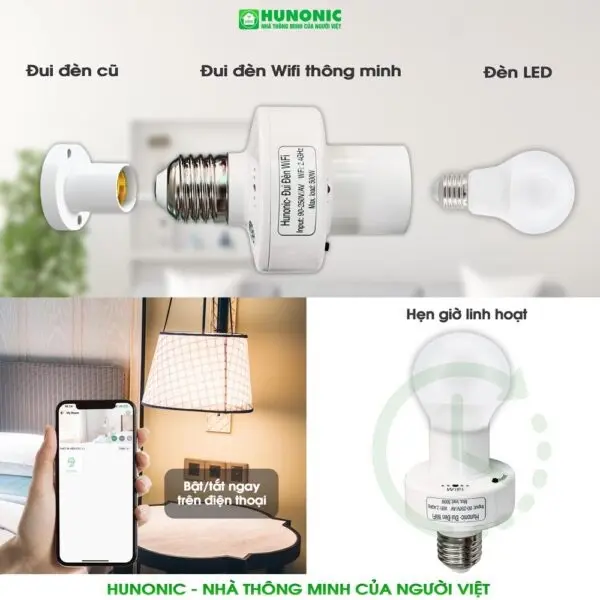 Đui đèn thông minh wifi hunonic điều khiển bật/tắt bóng đèn từ xa qua điện thoại 2