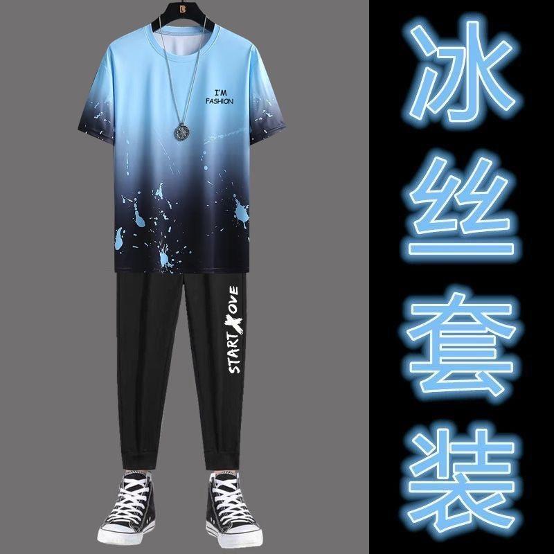 2PCS Men Suit Fashion All-Match Sports Running Fitness Top Pants Thin Casual Sports Suit Ice Silk Short Sleeve New Gradient T-shirt Cropped Pants Casual Pants 0