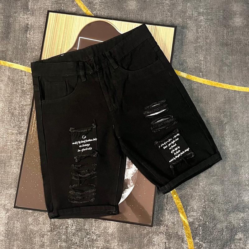 QUẦN SHORT JEAN NAM ĐEN RÁCH THÊU HỌA TIẾT QUẦN SHORT NAM KHÔNG CO DÃN MÃ QS7V202 PTZ Menswear Có Túi Kem