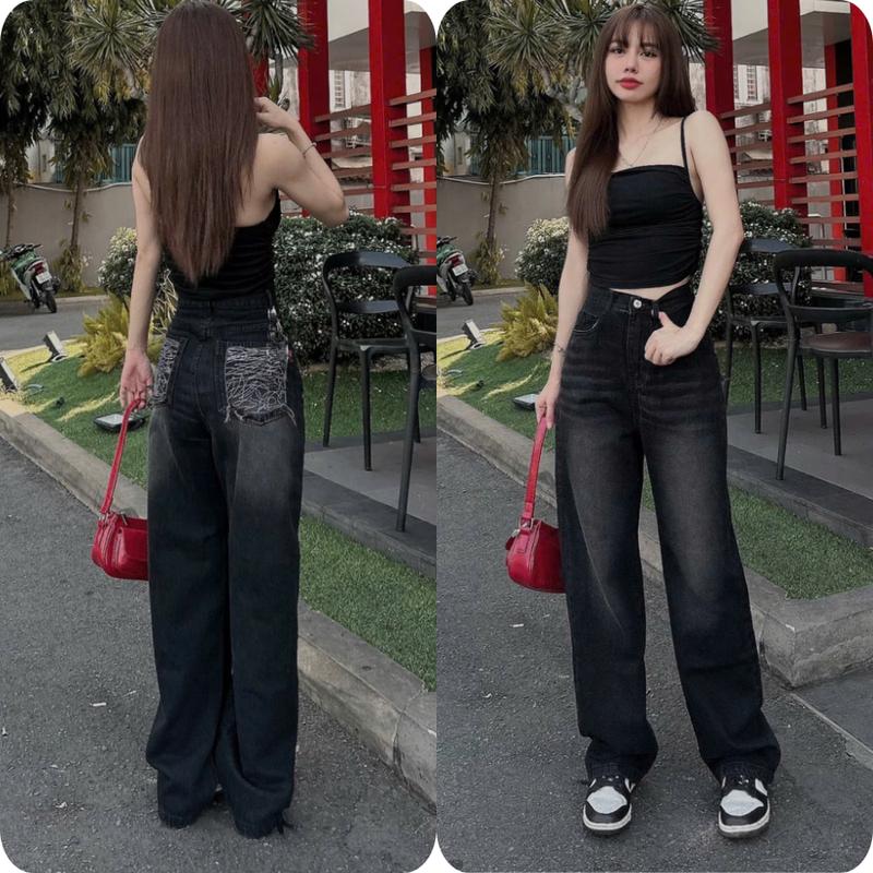 (S-XL) Quần Jean Suông - Quần Jean Ống Rộng Màu Đen Trơn Thêu Túi Sau Cạp Cao Ôm Eo Cá Tính Chất Jean QC HYDI FullSize S M L Nữ Women Ong