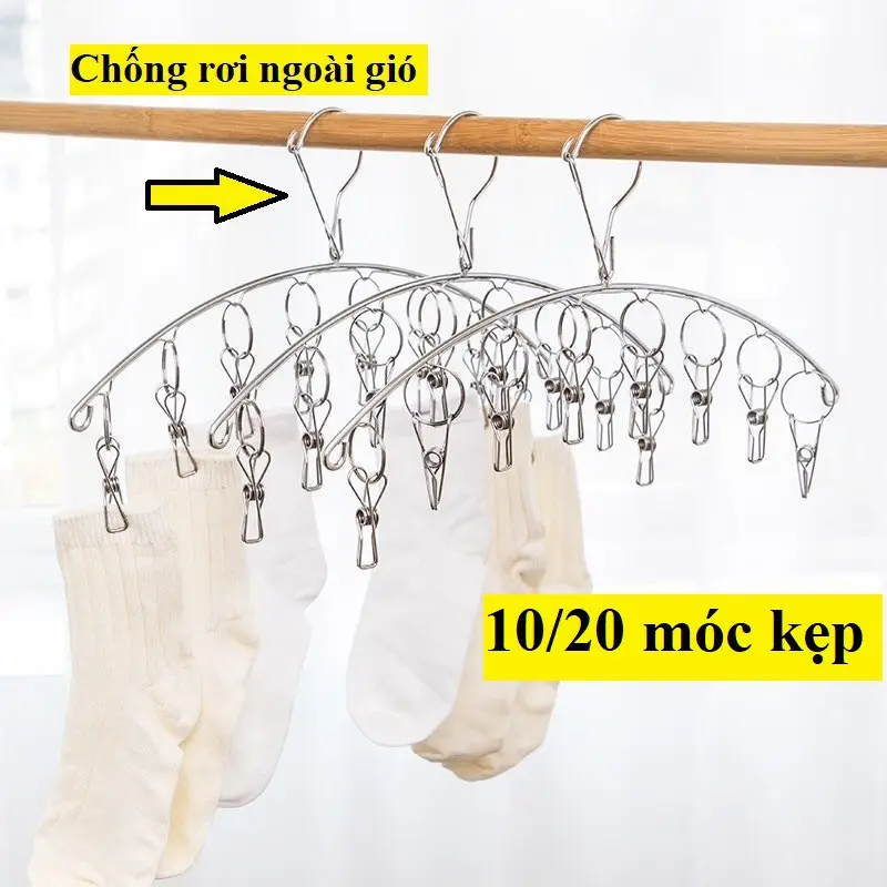 MÓC TREO PHƠI QUẦN ÁO INOX CHỐNG RƠI 20 KẸP CỐ ĐỊNH - Treo đồ nhà tắm, khăn tay, tất vớ, đồ lót