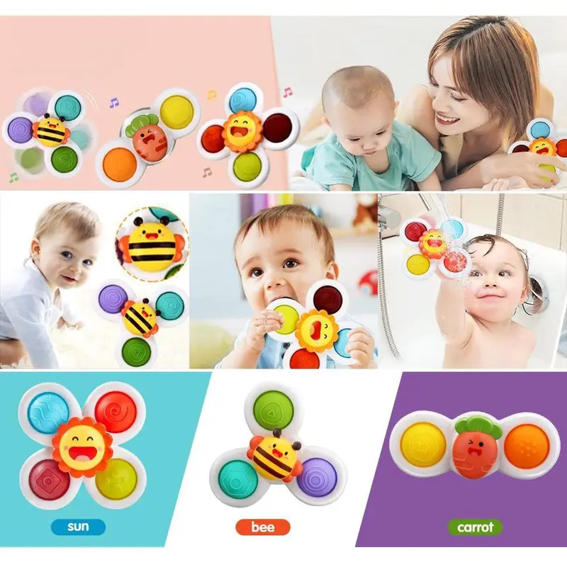 Baby Suction Cup Spinning Top Bath Toy, 3 Counts Colorful Spinning Top Toy, Birthday Gifts, Sensory Toys, Interesting Toys, Fidget Toys 3