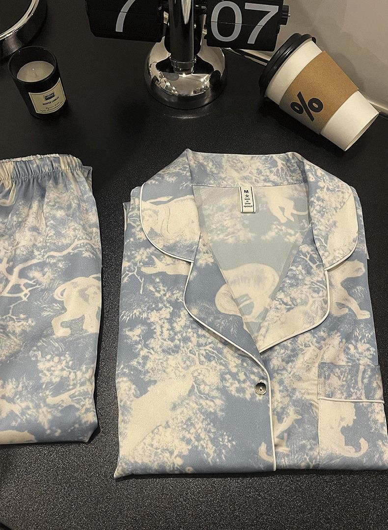 Product Introduction of Hi Mia's Shop | 2024 Spring/Summer New Arrival Ice Blue Secret Ice Silk Pajamas Women's Long-Sleeved French Korean Style Outdoor Home Delivery 1