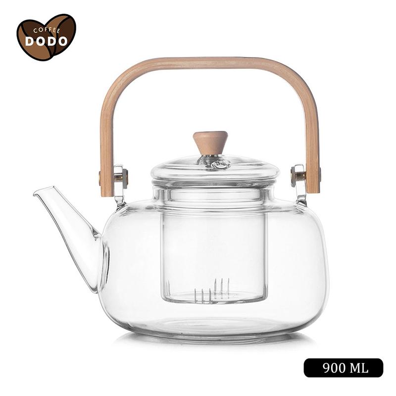 Bình trà thuỷ tinh chịu nhiệt 900ml có lõi lọc thủy tinh Ấm trà thuỷ tinh có tay cầm tre độc đáo Có thể được làm nóng