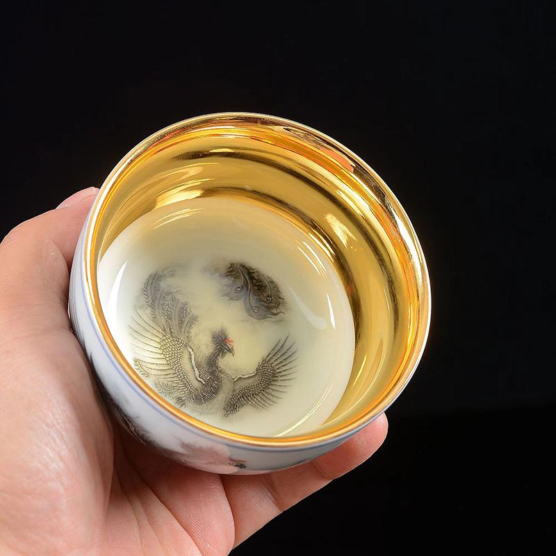 Product Introduction of 24K Gold Silk Dragon and Phoenix Jianzhan Master Cup Tea Cup White Jade Gilding Tea Cup Porcelain Kung Fu Tea Set Single Cup 25