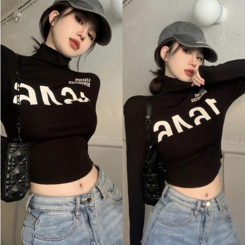 Áo croptop cổ lọ cao in chữ siêu ngầu lòi đen chất thun gân xinh xắn VANISA CT124