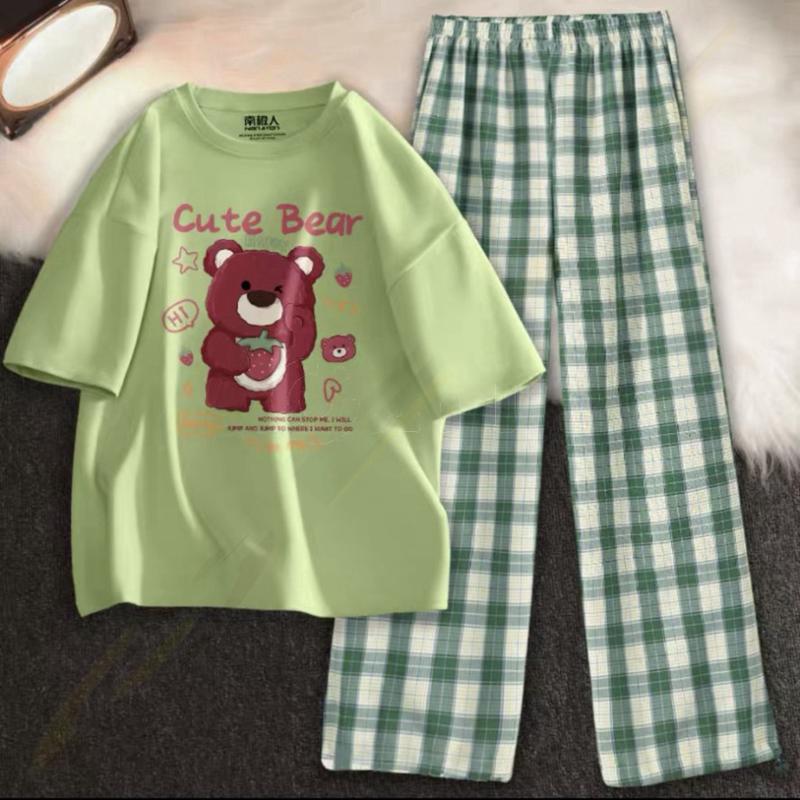 [MIỄN PHÍ SHIP]Sét Áo phông Gấu Cute bearKèm quần kẻ Karo nhiều màu, Áo thun from rộng, Chất đẹp không xù, quần suông ống rộng  DV-Erina cute 6
