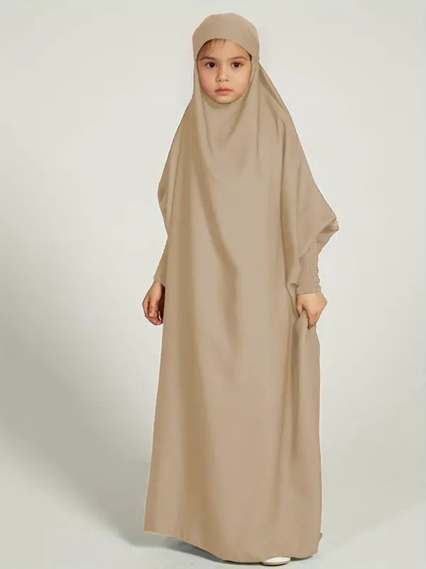Girl's Solid Batwing Sleeve Tie Back Hoodie Abaya Dress, Modest Outfits, Casual Long Sleeve Elastic Cuff Loose Dress for Kids, Kids Clothing for Summer, Clothes for Girls, Kids Fancy Dress, Girl Clothes 1
