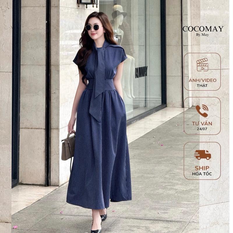 COCOMAY Đầm Miumin phối dây nơ cổ maxi xanh đen kẻ sọc trắng thanh lịch dịu dàng Nử Women Dress