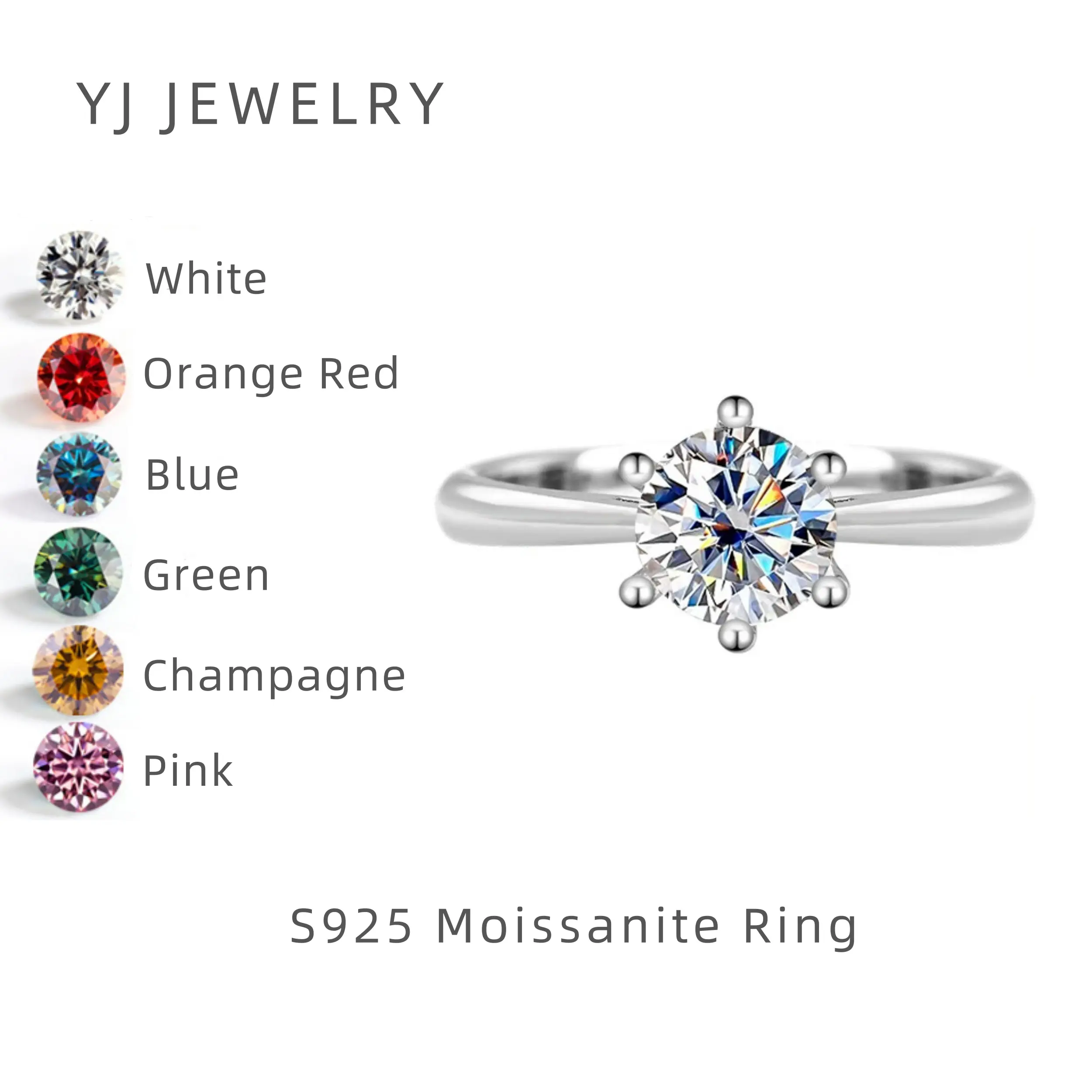 YJ-S925 Sterling Silver Classic Six-Prong Moissanite Ring Wedding Proposal Adjustable Ring for Women