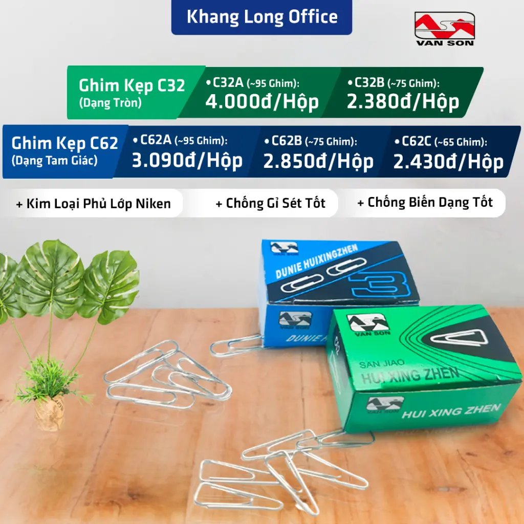 Kẹp Giấy C62, C32 Văn Sơn, Ghim Kẹp Giấy Chống Gỉ Sét, Đầu Tròn, Đầu Tam Giác