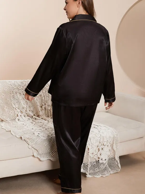 2 Piece Set Plus Size Contrast Binding Satin Pyjama Set, Solid Long Sleeve Top & Elastic Waist Pants for Home Wear, Comfort PJ for Homewear, Lounge Co-ord Set 1