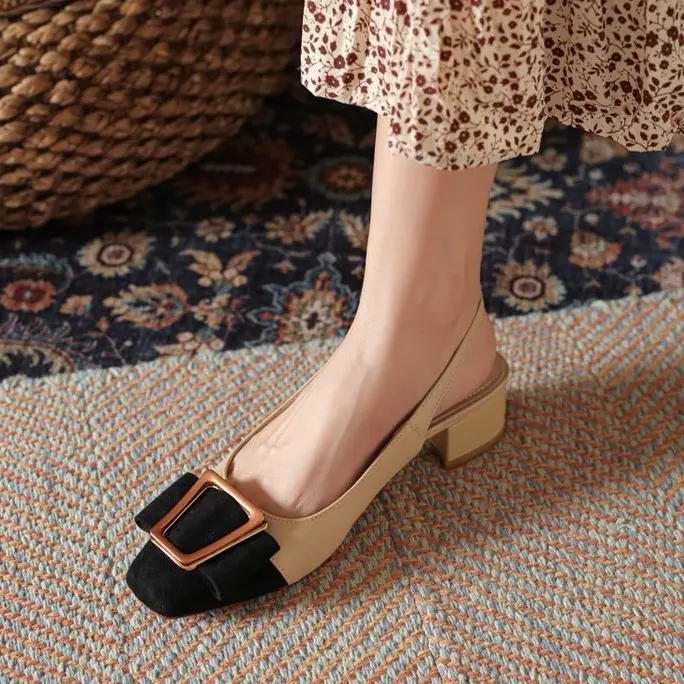 2023 New Korean Elegant Apricot Close Classy 2 inches Work Shoes with Block Heel For Women(With Box) Stylish Fashion