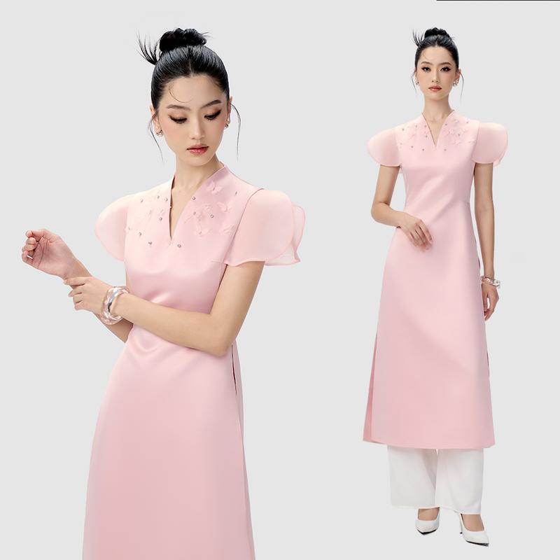 RECHIC Áo dài Hồng Điệp cổ V tay bồng cách điệu thanh lịch KHÔNG KÈM QUẦN