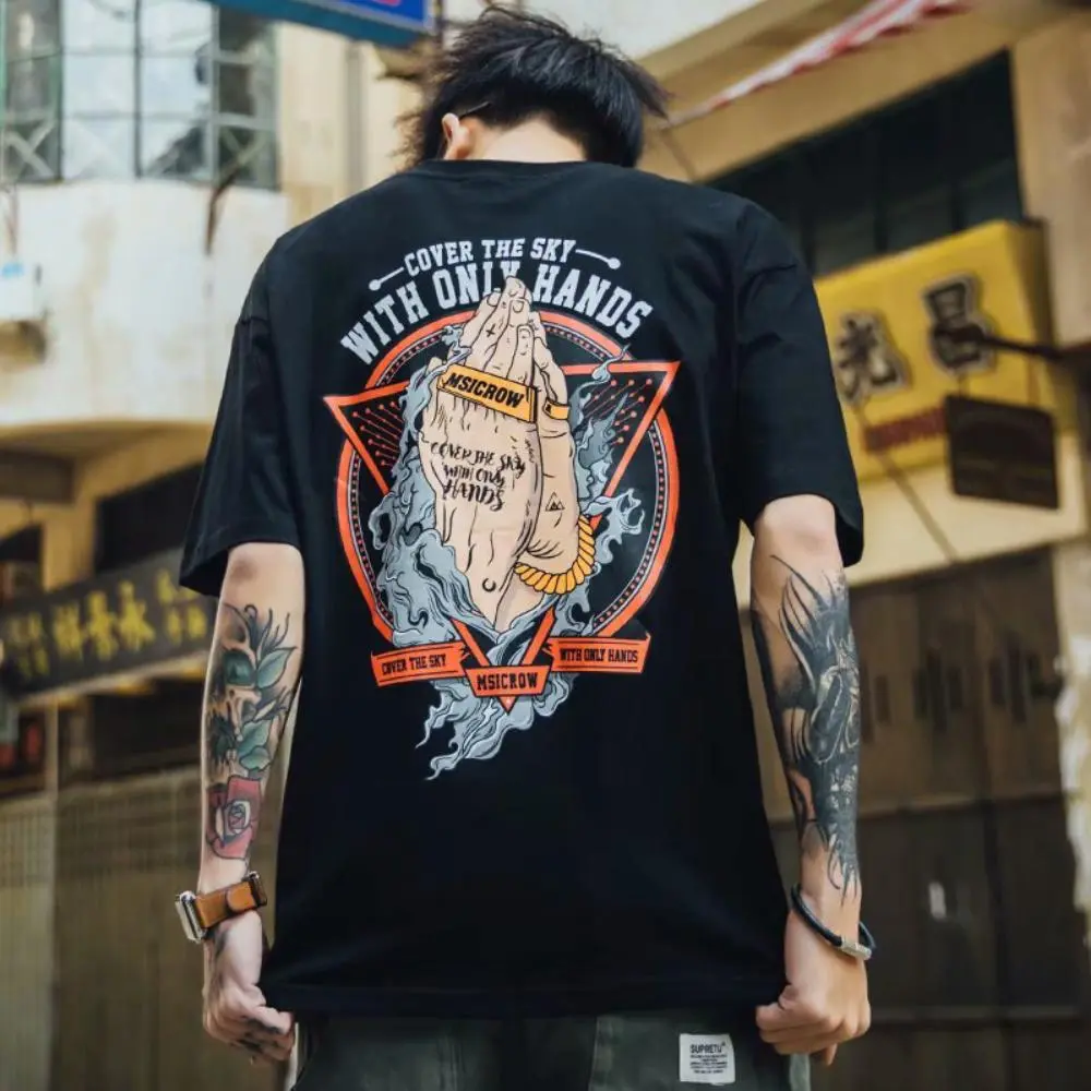 Men’s T-shirt Oversize, Loose Trendy  Hand Printed Short-Sleeved T-shirt, European and American Street Fashion Student Youth Daily Casual for Men Tee