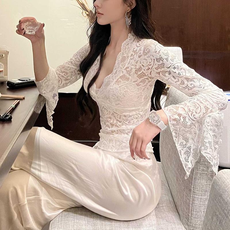 Áo Sơ Mi Ren, Dành Cho Nữ, Cổ Chữ V Gợi Cảm Và Dễ Thương, Ôm Sát, Tay Loe, Dài Tay, Eo Co Giãn, Màu Trắng, Ngắn, Nhẹ Nhàng Và Xã Hội, Đầu Mùa Thu Top Women Shirt 2
