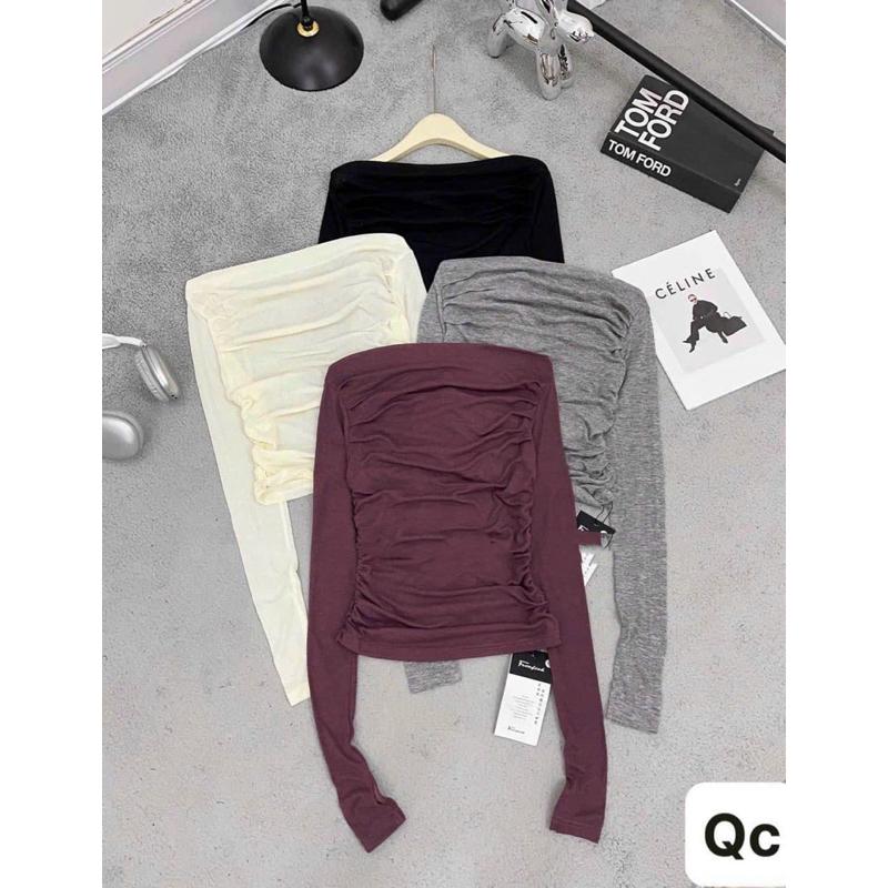 Áo Len Giấy Mỏng Dài Tay Lệch Vai Dúm Eo M60 Áo Lệch Vai Hottrend Top Thun 5