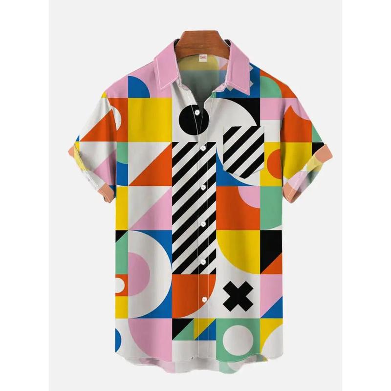 Product Introduction of Abstract Hawaiian Shirt Mid-Century Modern Colorful Geometric File Night Print Chest Pocket Short Sleeve Shirt Casual Shirt 4