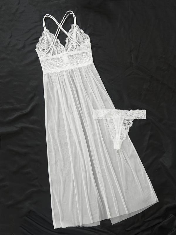 Women's Sheer Criss Cross Cami Nightdress & Scallop Trim Thong PJ Set, Breathable Split Lace Nightgown & Panty, Women's Loungewear For Summer, Summer Clothes Women 1