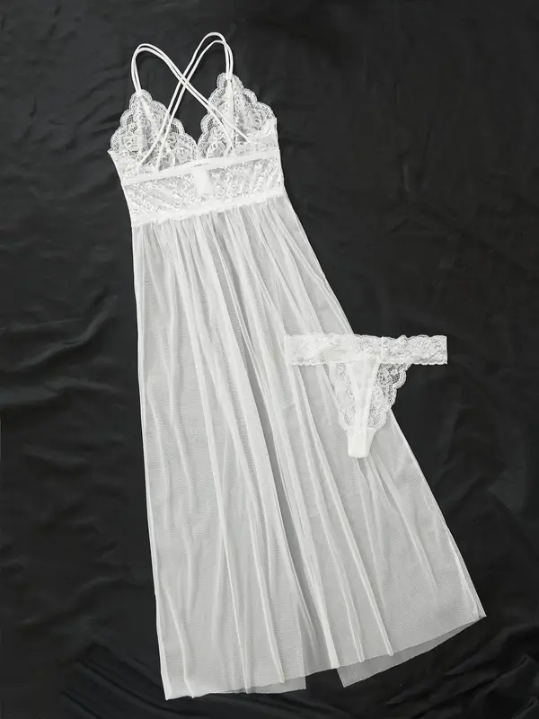 Women's Sheer Criss Cross Cami Nightdress & Scallop Trim Thong PJ Set, Breathable Split Lace Nightgown & Panty, Women's Loungewear For Summer, Summer Clothes Women 1