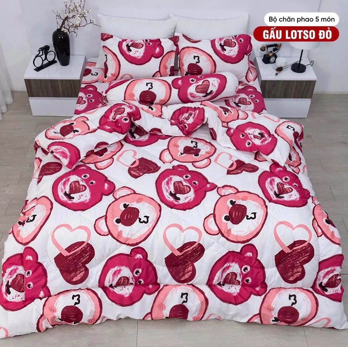 bộ chăn ga 5 món phao-hè cotton poly GẤU ĐỎ LOSTO