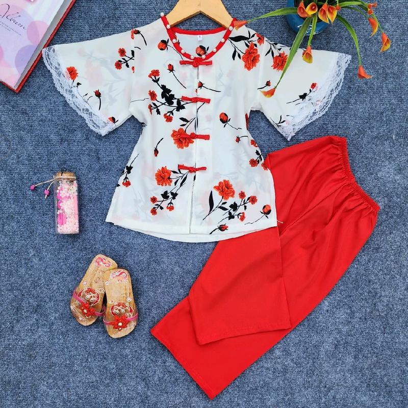 ( 12-44kg) Áo bà ba tay phối ren, khuy nút tàu, kèm quần dài, vải lụa mềm mịn, cho bé  1,47m trở lại, chuẩn size ko cần trừ hao ạ đồ  em gái