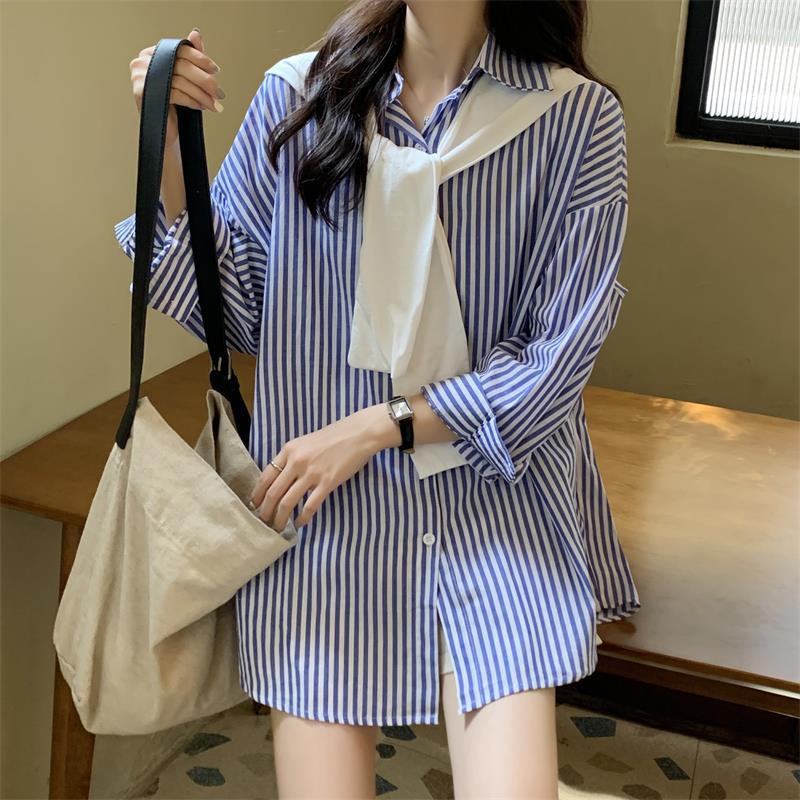 Áo Sơ Mi Sọc Cổ Điển SUYU, Kèm Khăn Choàng, Dành Cho Nữ, Phong Cách Sang Trọng Áo Sơ Mi Xẻ Tà Bên Hông Dài Trung Bình