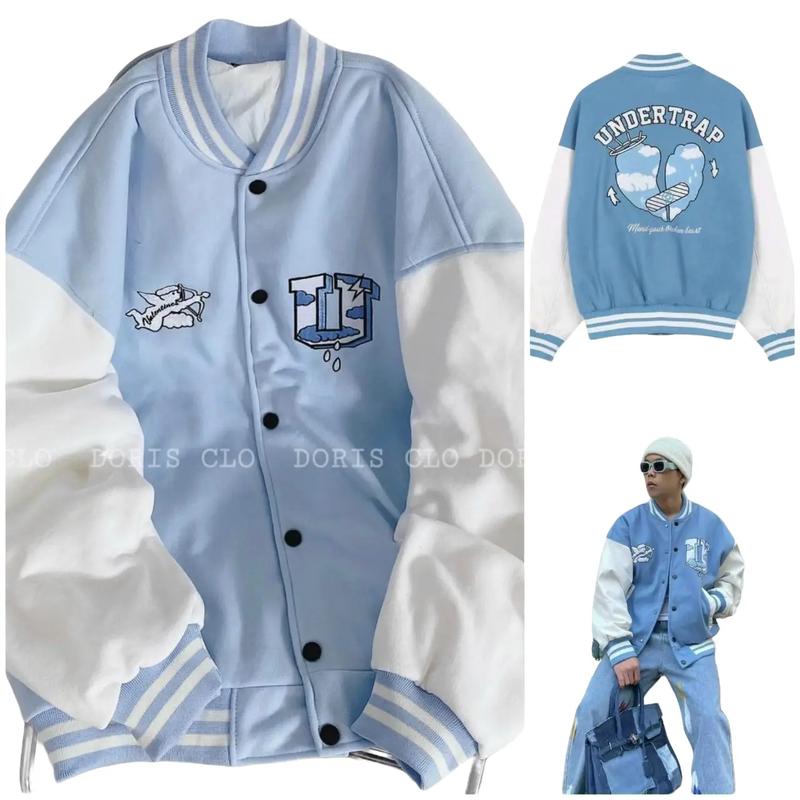 (VIDEO ẢNH THẬT ) Áo Khoác Cardigan Bomber Nỉ Chữ U Hình Thiên Thần Màu Xanh Siêu Xinh - Áp Form Rộng Unisex Menswear Jacket Sọc áokhoác xanhdương aokhoac nam