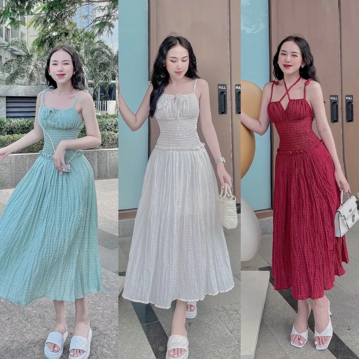 [SALE LẺ SZ Eo 60->74]Đầm Xốp 2 dây nhún eo co giãn thường mặc, du lịch - Nhà Lỳ Có Maxi  Nữ Women Dress Đỏ Voi Kem Voan Nhung