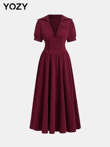 YOZY Women's Plain Ruched Plicated V Neck A Line Dress, Casual Short Sleeve Long Dress for Summer, Women's Clothing for Daily Wear