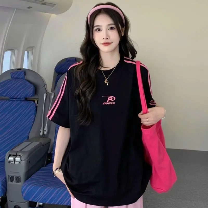 Áo thun phông 3 sọc tay màu hồng nam nữ  Kemshop1908  lỡ form rộng THÊU chữ SRMPYE Unisex