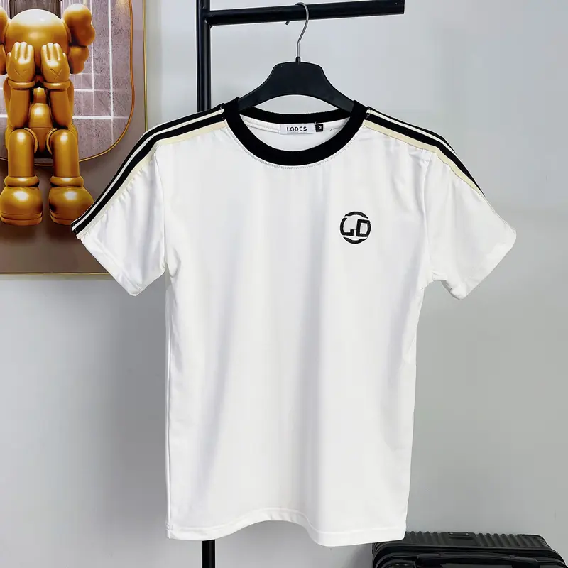 Áo thun nam nữ vải thun lạnh phối viền vai thêu logo LD màu đen trắng Menswear Top 3