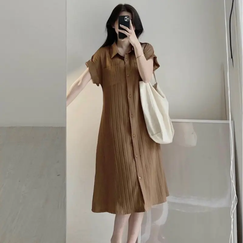 Đầm sơ mi nữ - váy suông nữ cổ cao cúc cài túi ngực vải đũi gân cao cấp Dress Đen Women Voan 3