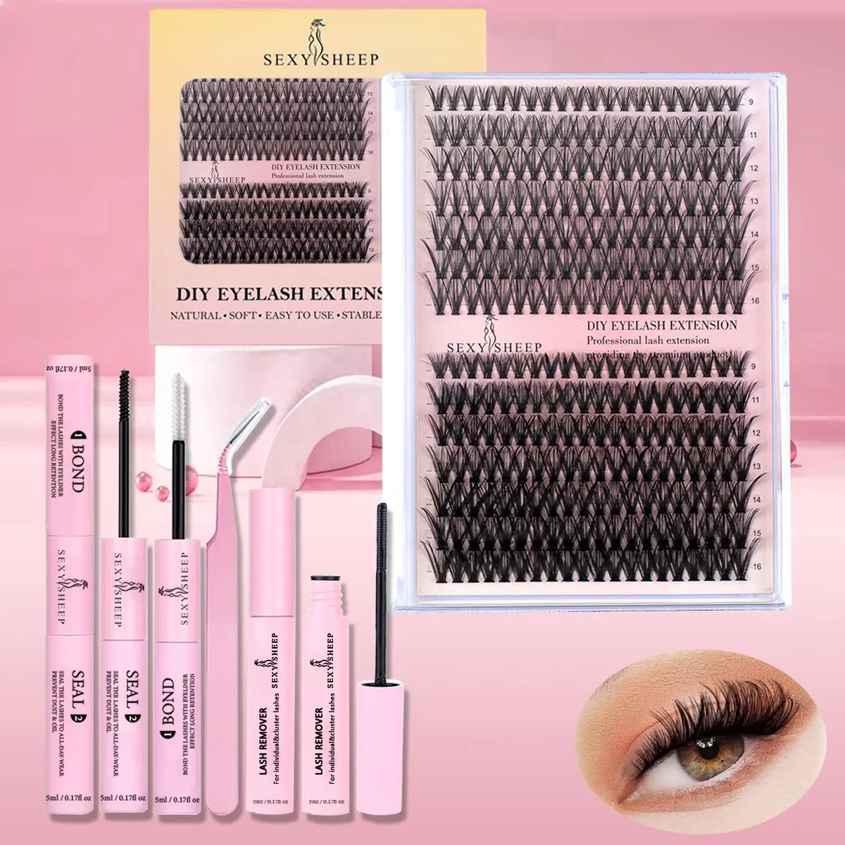 Eyelash Extension Kit, 280 Clusters Individual False Eyelashes & 1 Lash Glue & 1 Tweezers & 1 Eyelash Remover, Eye Makeup Enhancement Products for Women, Lash Clusters