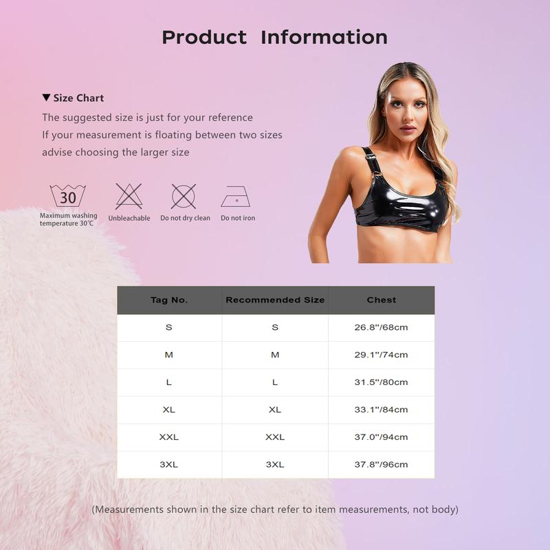 Product Introduction of iixpin  Womens Wet Look Faux Leather Bra Top Metal Buckle Adjustable Strap Pad-free Wireless Bralette Crop Top Sexy Clubwear Womenswear Comfortable 0