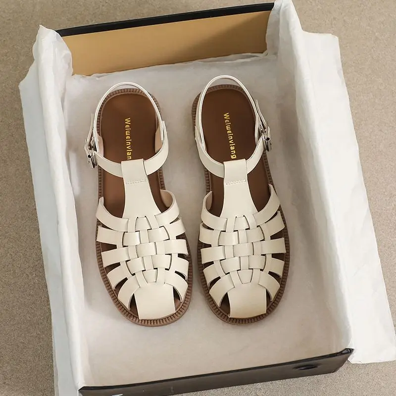 Flat Roman Style Sandals Women's 2024 New plus Size Super Soft Closed Toe Back Empty Japanese Style Pitcher Plant Shoes Soft Bottom Outing