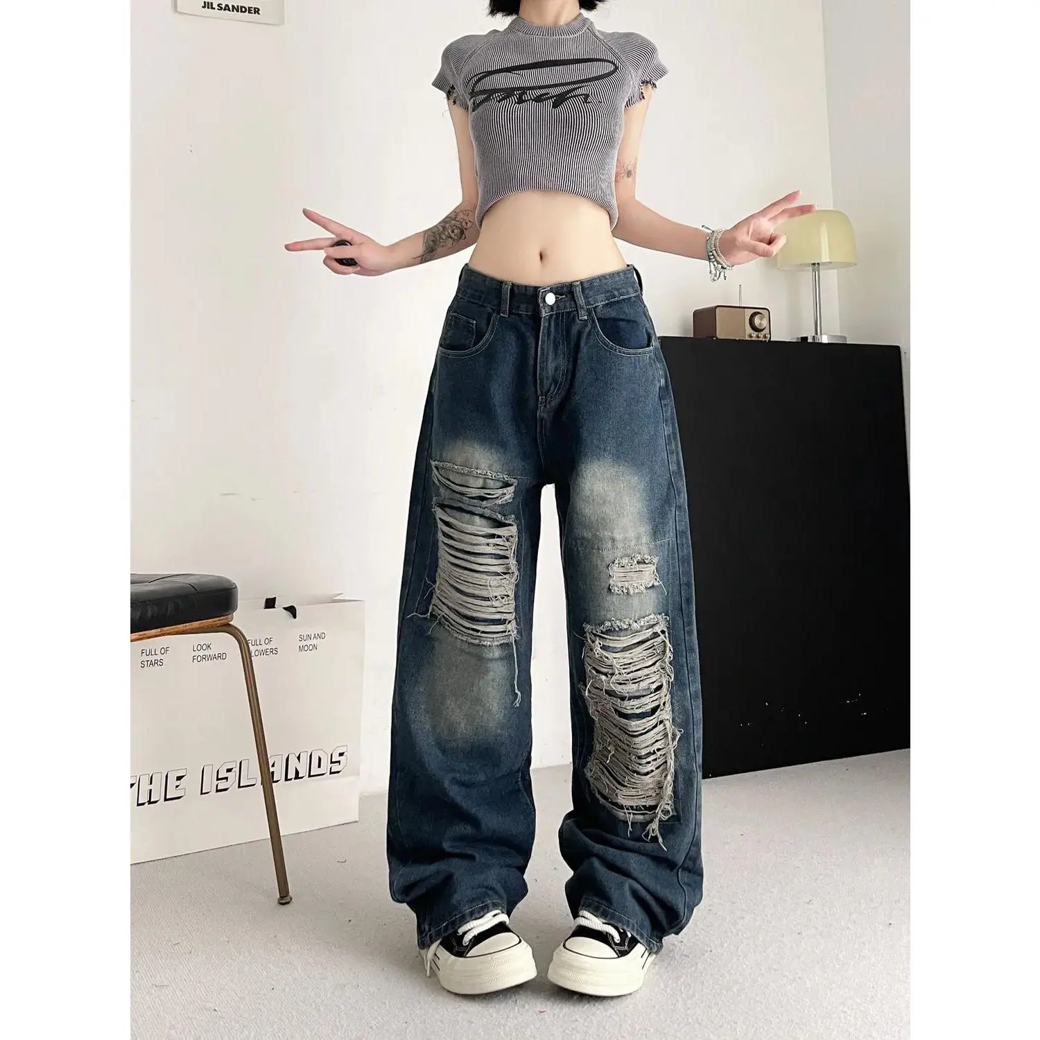 American Vibe Vintage Distressed Patch Ripped Jeans Women's High Street Design Loose Straight Wide Leg Mop Pants