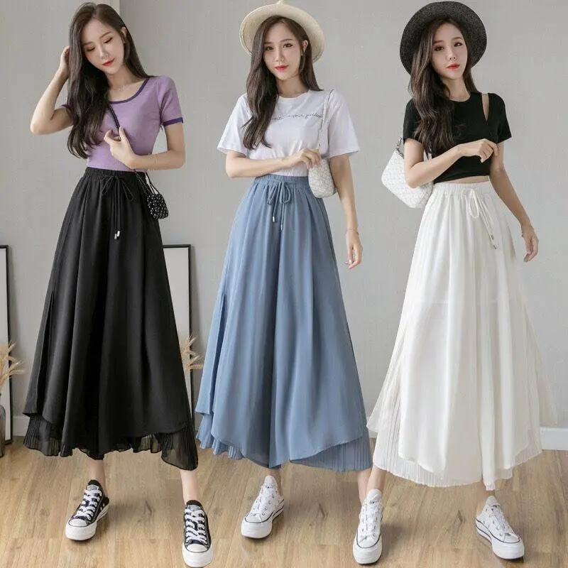 Quần Dài Váy Cạp Cao Voan Ống Rộng, Phong Cách Thanh Lịch, Hàng Mới Về