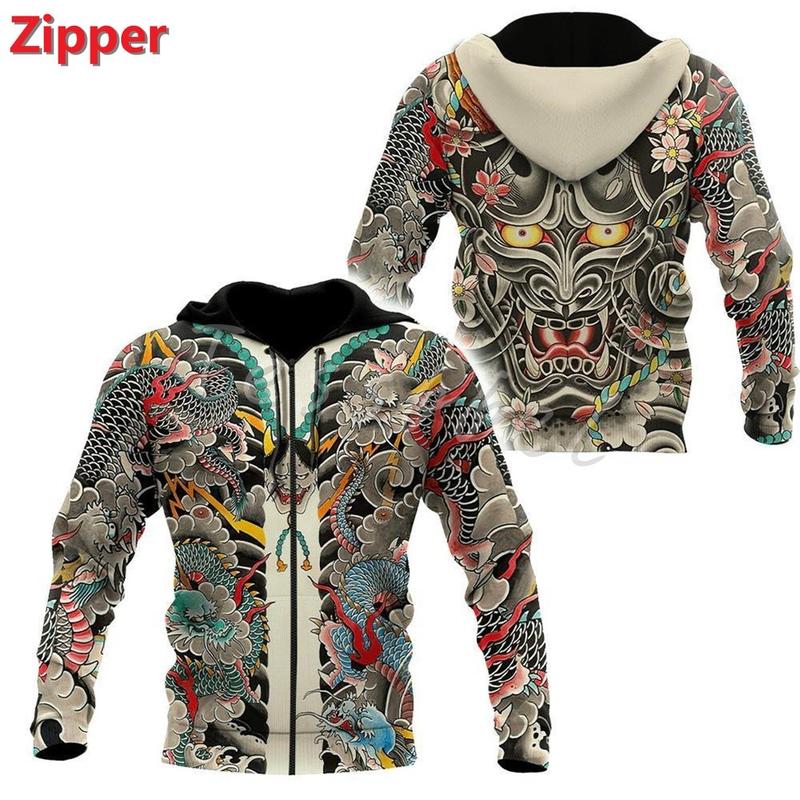 Áo Khoác Nỉ Có Mũ Trùm Đầu, Phong Cách Harajuku Mới, In 3D Hình Xăm Samurai Nhật Bản, Thường Ngày, Unisex, Có Khóa Kéo. 0